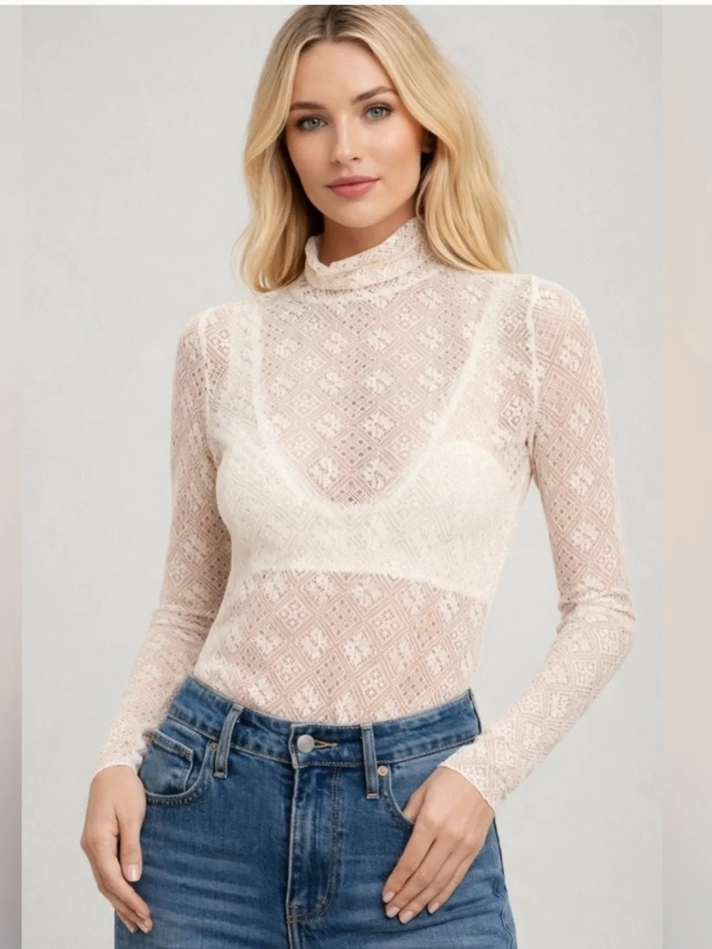 Intimately Free People Sweet Memories Ivory Sheer Lace Turtleneck Top XS Boho